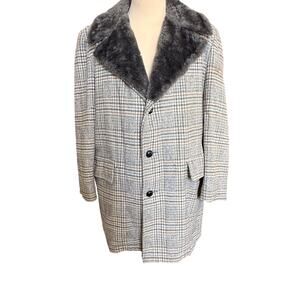 VTG 70s Weathercaster Car Coat Mens 44 US L Gray Tweed Faux Fur Lined Jacket